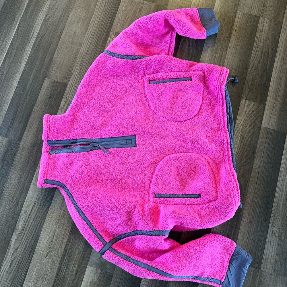 Free People Bright Pink Sherpa Puffer Jacket with Gray Trim